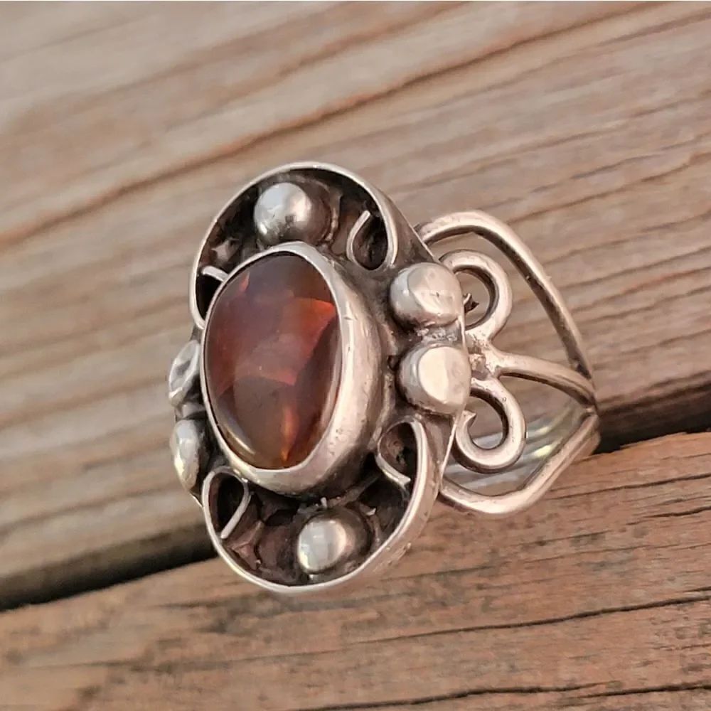 Vintage Sterling Genuine Amber Bali Boho Artisan Beaded Ring - Picture 2 of 11